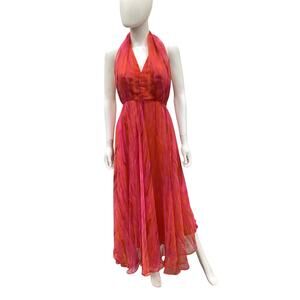 Jack Bryan Women’s VTG Dress Size Medium Long Pink/Orange V-Neckline Halter